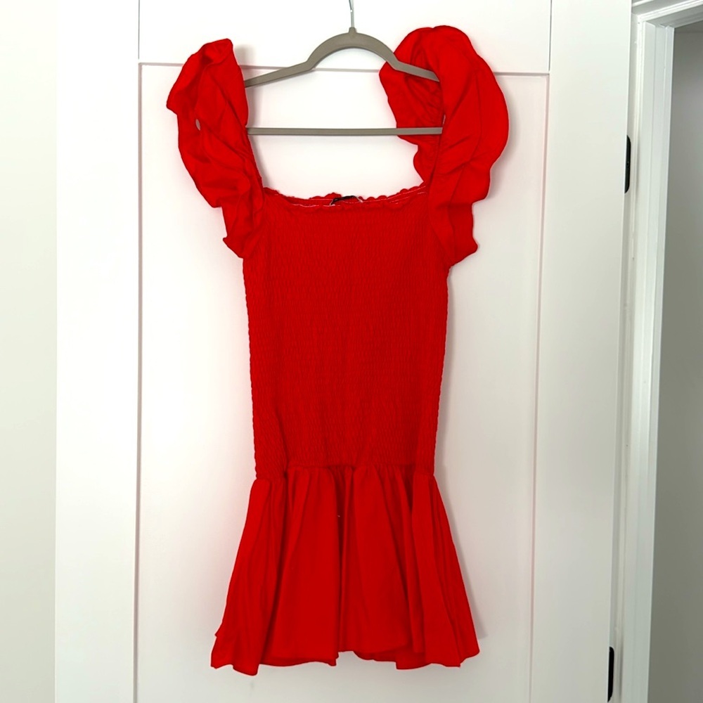 Zara Red Mini Dress With Ruffle Sleeves Size Large EUC - Picture 3 of 4